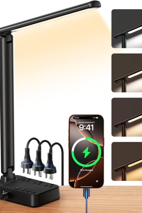 Stepless Dimming LED Desk Lamp with Power Strip